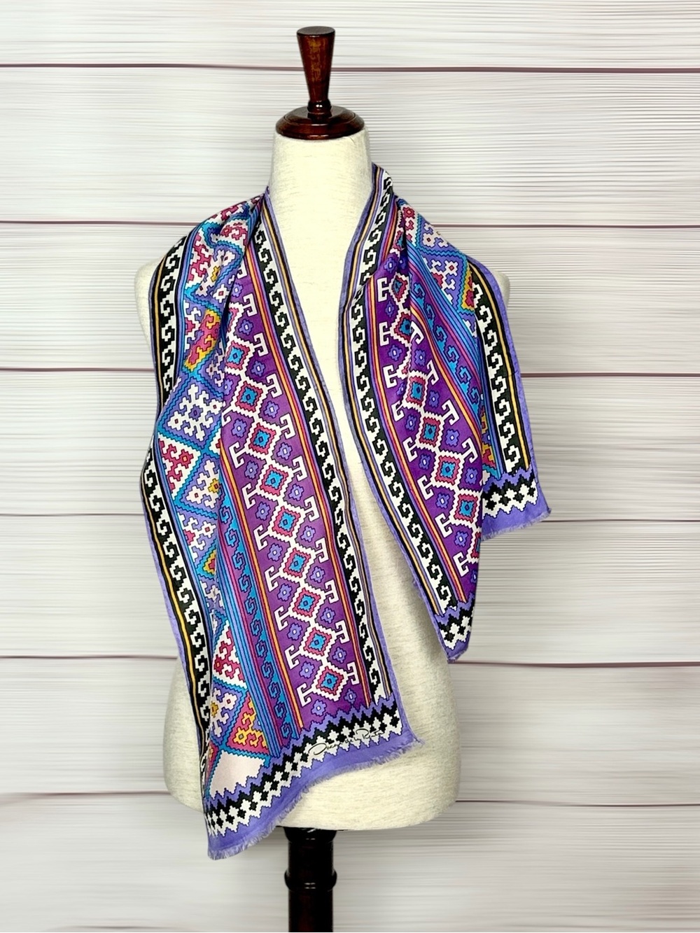 Oscar de la Renta Silk Scarf Geometric Tribal Southwestern Print Purple 11x50"